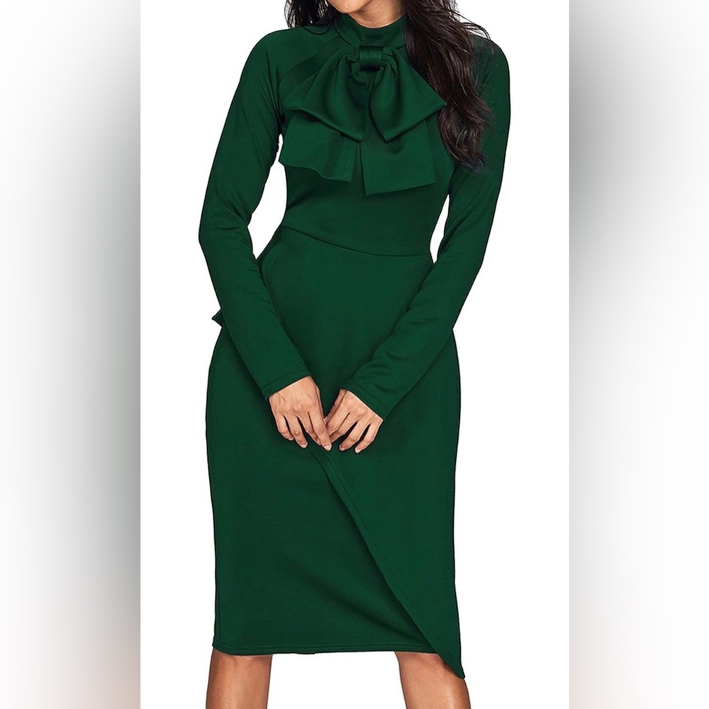 CILKOO Womens Green Long Sleeve Bodycon Business Midi Dress with Bow